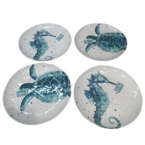 Sigrid Olsen Blue Watercolor Seahorse Turtle MELAMINE 6” Dinner Plates Set Of 4